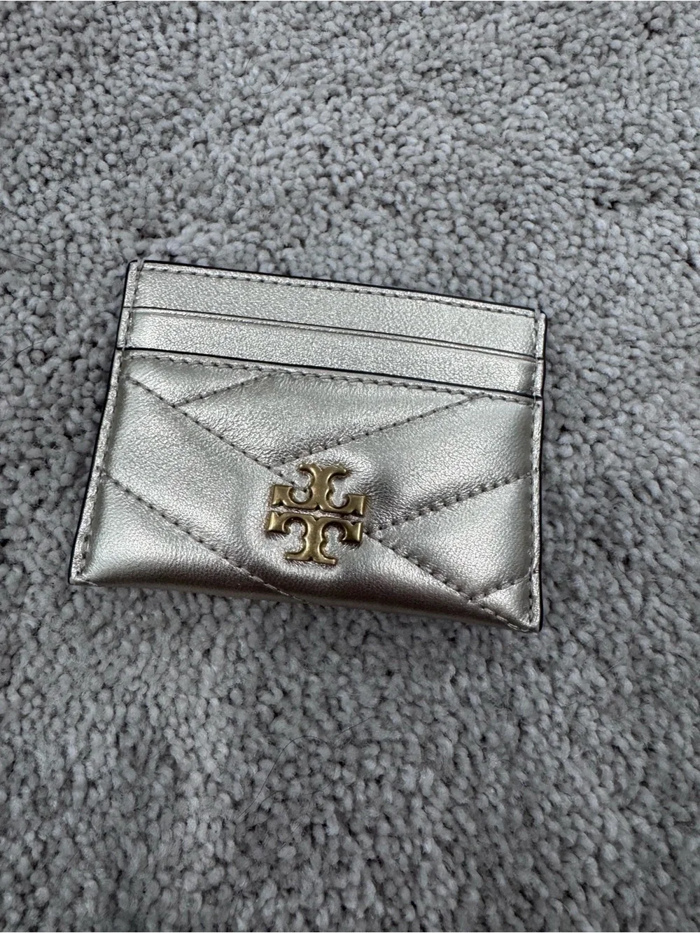 Tory Burch Silver Metallic Card Holder with Gold Logo